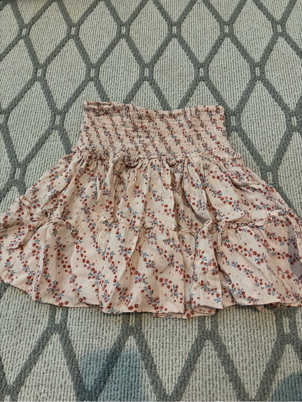 Olivaceous Pink Floral Smocked Tiered Mini Skirt